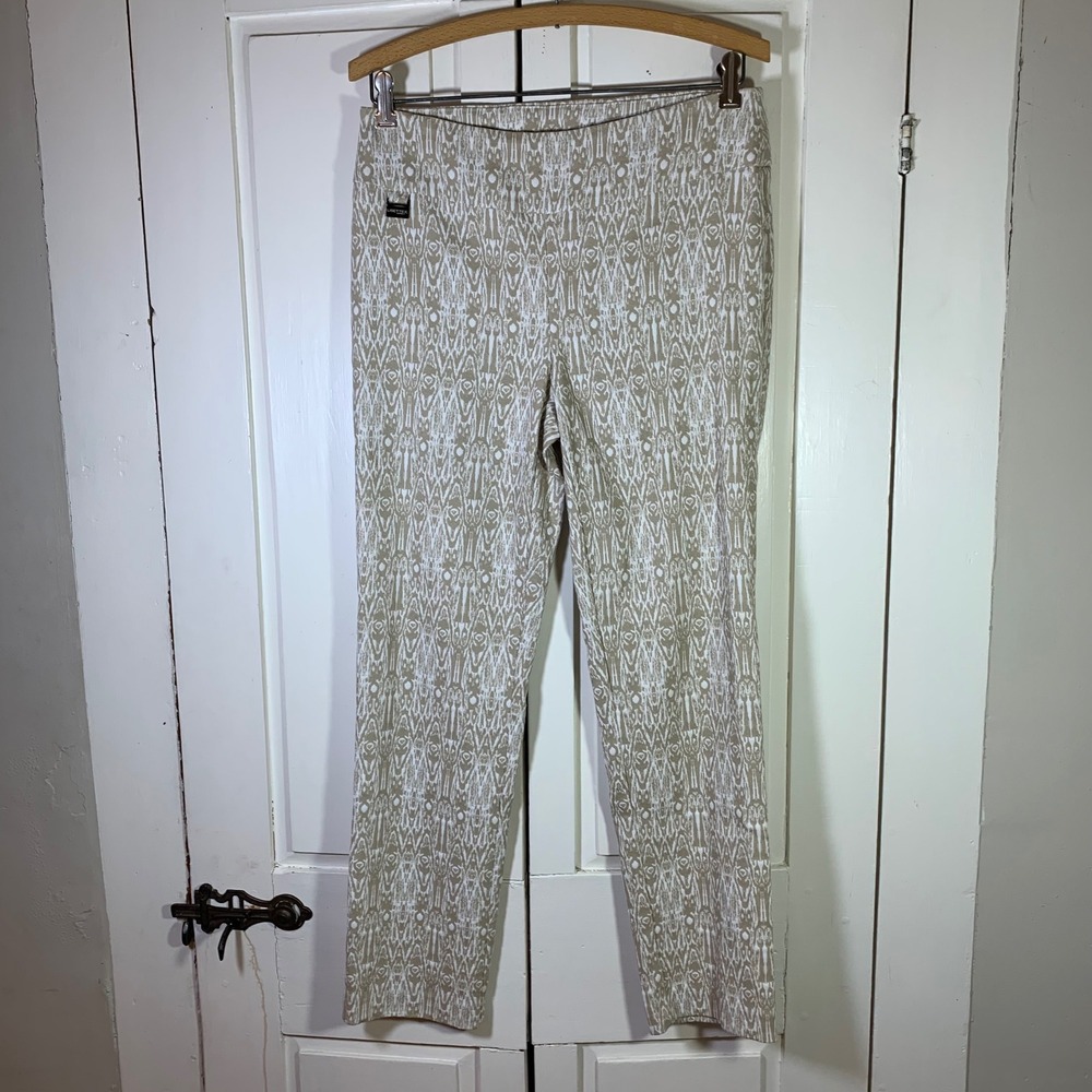 Lisette L Montreal Tan‎ White Geometric Ikat Pull On Slim Pants Womens 6 Office